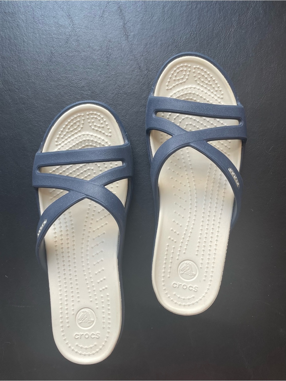 CROCS Women's Navy Crisscross Slide Wedge Sandals with Cream Footbed - Picture 6 of 8